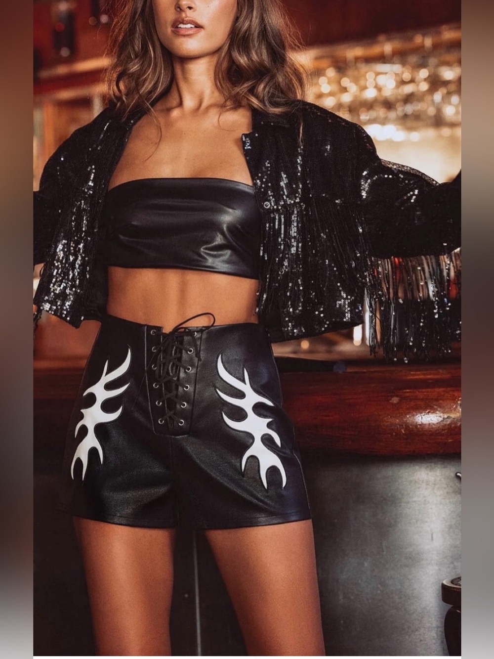 Festival shorts-12th Tribe Lace-Up High Rise Faux Leather Shorts Black White  S